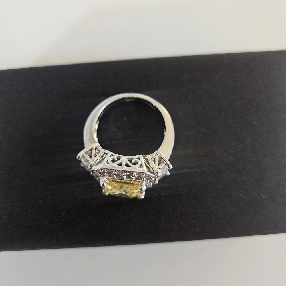 Vintage Style Canary Yellow Cushion Cut CZ Halo Ring Silver Tone Size 6
